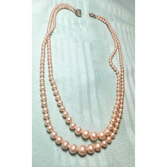 Double Strand Faux Graduated Pearl Necklace 16.75" Rosé Pink 1950s Choker - Picture 8 of 10